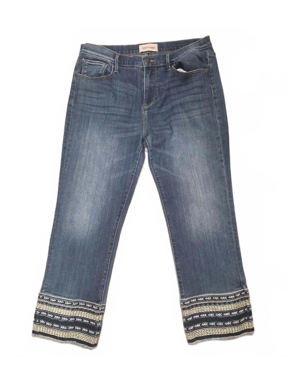 Driftwood Alette Blue Denim Cropped Jeans with Embroidered Cuffs